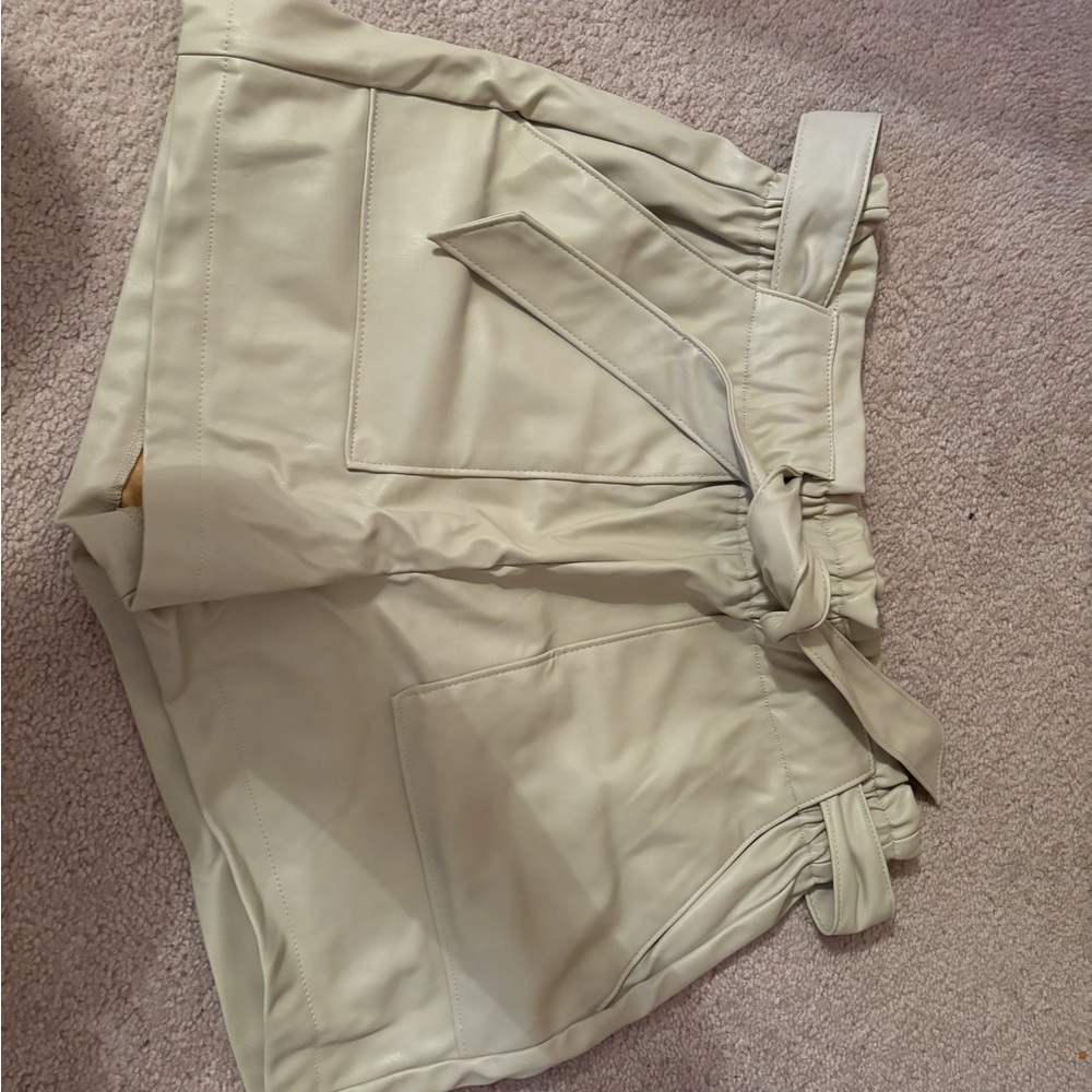 High Waist Faux Leather Cream Shorts with Adjustable Waistband